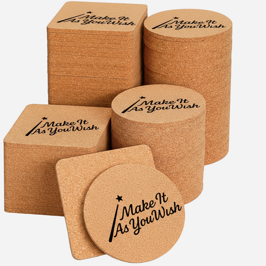 Personalized Set of 4 Round or Square Cork Coasters Including One Black Metal Holder