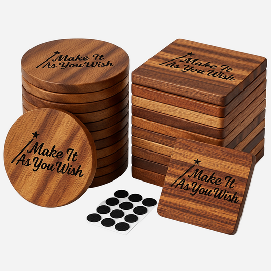 Personalized Set of 4 Round or Square Acacia Wood Coasters Including Black Metal Holder